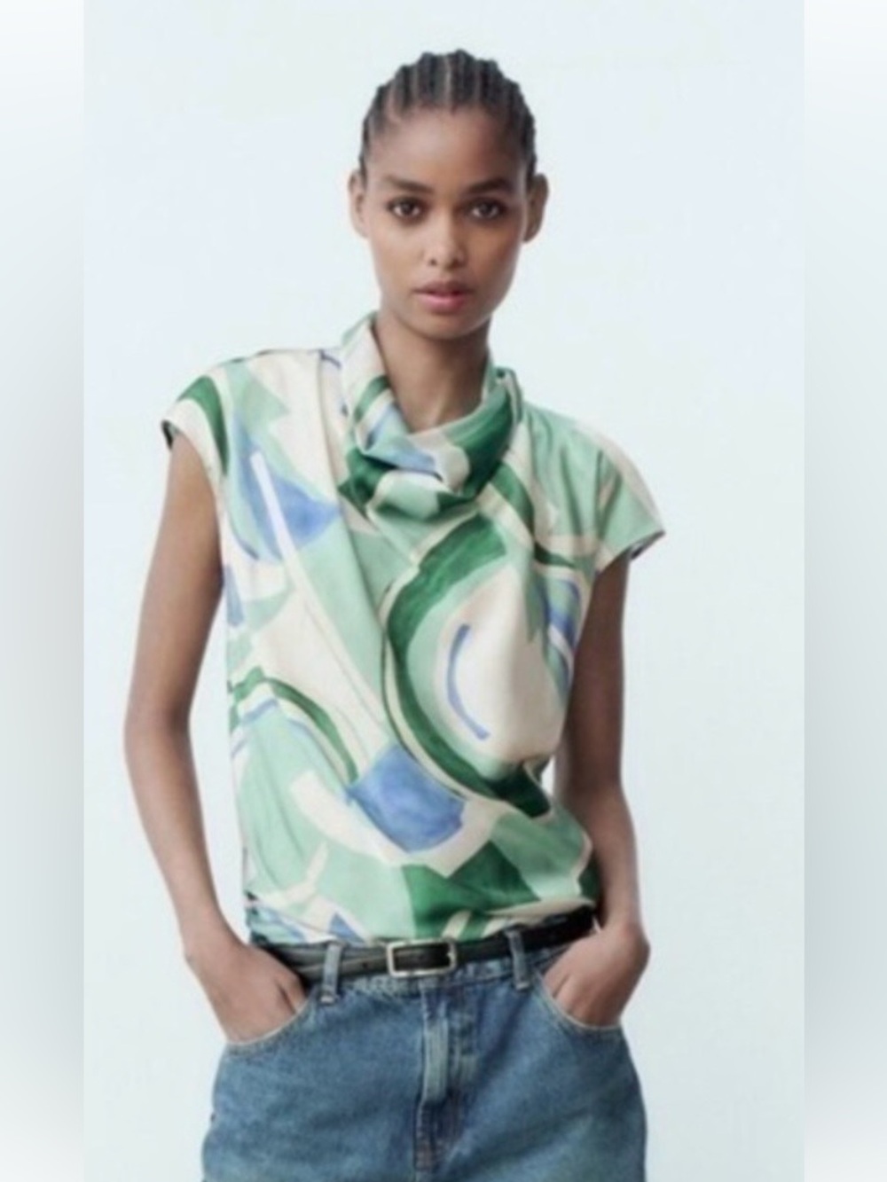 ZARA Satin Abstract Swirl Cap-Sleeve Mock Neck Top